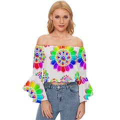 Rainbow Flowers T- Shirt Rainbow Psychedelic Floral Power Pattern T- Shirt Off Shoulder Flutter Bell Sleeve Top by maxcute