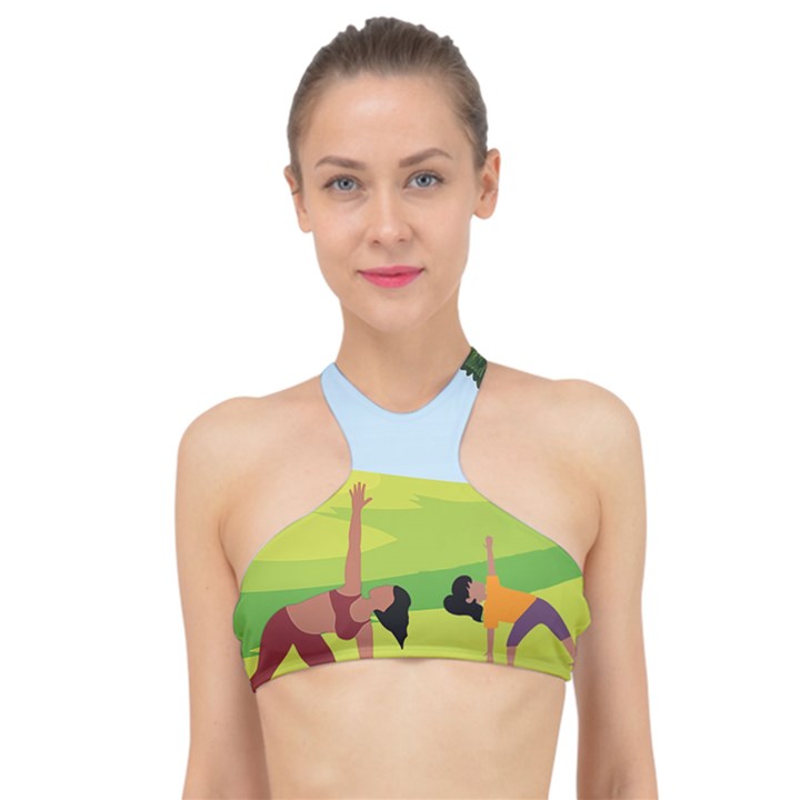 Mother And Daughter Yoga Art Celebrating Motherhood And Bond Between Mom And Daughter. High Neck Bikini Top