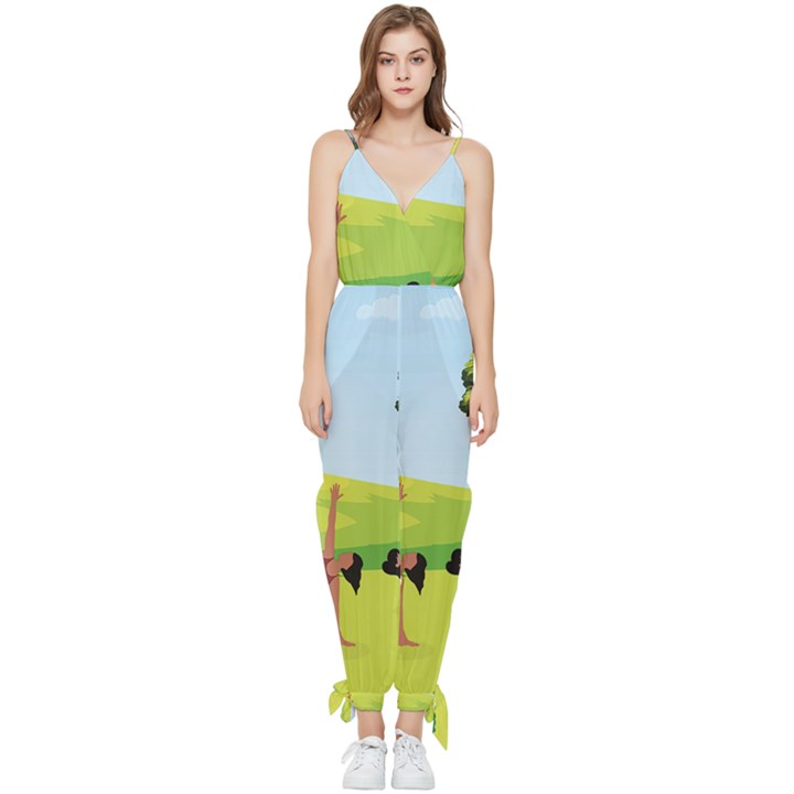 Mother And Daughter Yoga Art Celebrating Motherhood And Bond Between Mom And Daughter. Sleeveless Tie Ankle Chiffon Jumpsuit