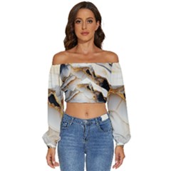 Marble Stone Abstract Gold White Color Colorful Long Sleeve Crinkled Weave Crop Top by Pakemis