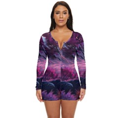 Landscape Landscape Painting Purple Purple Trees Long Sleeve Boyleg Swimsuit by Jancukart