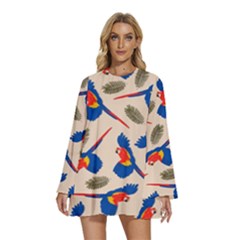 Bird Animals Parrot Pattern Round Neck Long Sleeve Bohemian Style Chiffon Mini Dress by Ravend