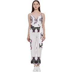 Frame Border Picture Frame V-neck Spaghetti Strap Tie Front Jumpsuit by Uceng