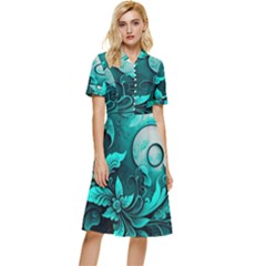 Turquoise Flower Background Button Top Knee Length Dress by artworkshop