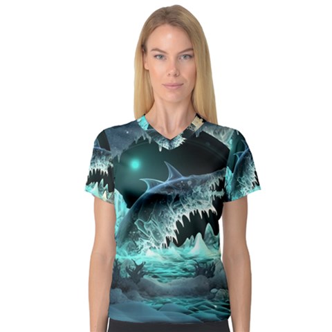 Sculpture Dinosaur Shark Frozen Winter Fantasy V-neck Sport Mesh Tee by Ravend