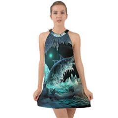 Sculpture Dinosaur Shark Frozen Winter Fantasy Halter Tie Back Chiffon Dress by Ravend