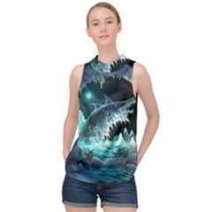 Sculpture Dinosaur Shark Frozen Winter Fantasy High Neck Satin Top by Ravend