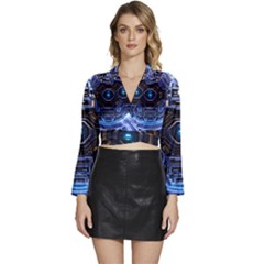 Ai Generated Digital Technology Computer Internet Long Sleeve Tie Back Satin Wrap Top by Ravend