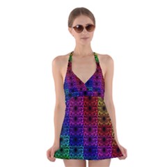 Rainbow Grid Form Abstract Background Graphic Halter Dress Swimsuit  by Ravend