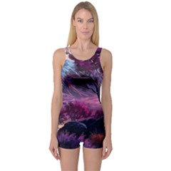 Landscape Landscape Painting Purple Purple Trees One Piece Boyleg Swimsuit by danenraven