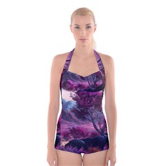 Landscape Landscape Painting Purple Purple Trees Boyleg Halter Swimsuit  by danenraven