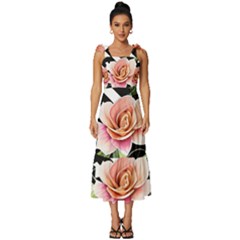 Black Chevron Peach Lilies Tie-strap Tiered Midi Chiffon Dress by GardenOfOphir