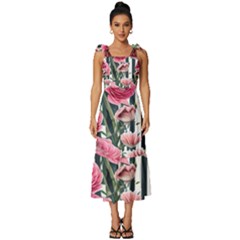 Flora Watercolor Botanical Flowers Tie-strap Tiered Midi Chiffon Dress by GardenOfOphir