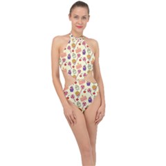 Happy Birthday Cupcake Pattern Lollipop Flat Design Halter Side Cut Swimsuit by Ravend