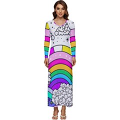 Rainbow Fun Cute Minimal Doodle Drawing Art Long Sleeve Longline Maxi Dress by Ravend