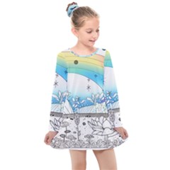 Rainbow Fun Cute Minimal Doodle Drawing Arts Kids  Long Sleeve Dress by Ravend