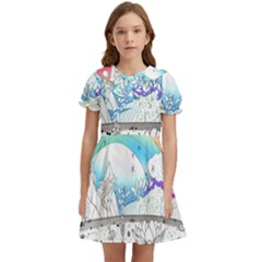 Rainbow Fun Cute Minimal Doodle Drawing Arts Kids  Bow Tie Puff Sleeve Dress by Ravend