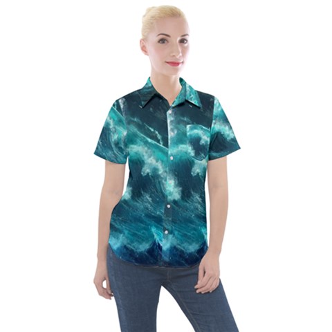 Thunderstorm Tsunami Tidal Wave Ocean Waves Sea Women s Short Sleeve Pocket Shirt by Ravend