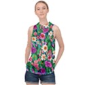 Creative Crimson Crisp Watercolor Flowers High Neck Satin Top View1