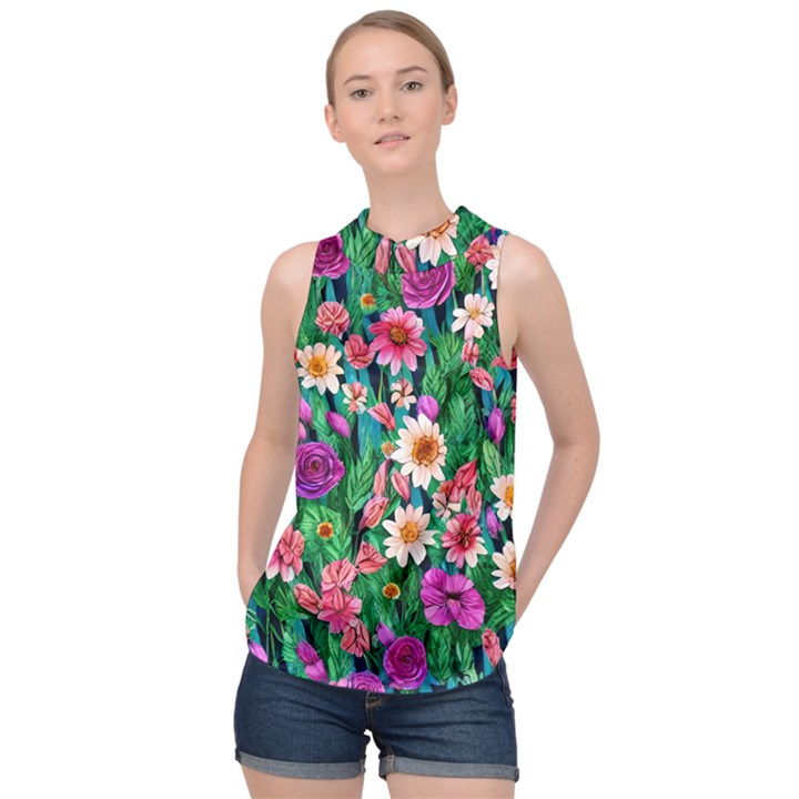 Creative Crimson Crisp Watercolor Flowers High Neck Satin Top