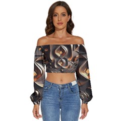 Ai Generated Swirls Space Design Fractal Light 3d Pattern Long Sleeve Crinkled Weave Crop Top by Ravend