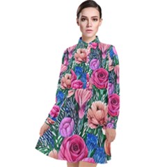 Bright And Brilliant Watercolor Flowers Long Sleeve Chiffon Shirt Dress by GardenOfOphir