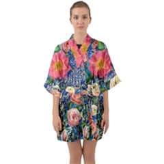 Captivating Watercolor Flowers Half Sleeve Satin Kimono  by GardenOfOphir