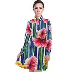 Charming And Cheerful Watercolor Flowers Long Sleeve Chiffon Shirt Dress by GardenOfOphir