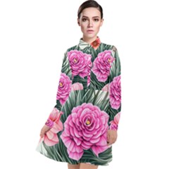 Color-infused Watercolor Flowers Long Sleeve Chiffon Shirt Dress by GardenOfOphir