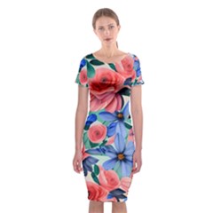 Classy Watercolor Flowers Classic Short Sleeve Midi Dress by GardenOfOphir