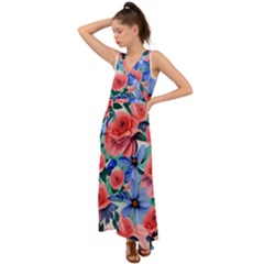 Classy Watercolor Flowers V-neck Chiffon Maxi Dress by GardenOfOphir