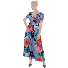 Classy Watercolor Flowers Button Up Short Sleeve Maxi Dress by GardenOfOphir