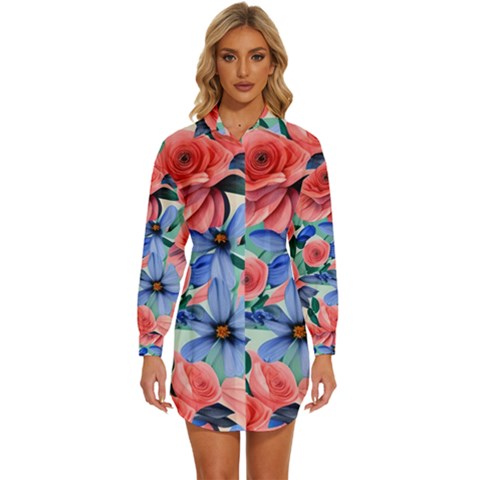 Classy Watercolor Flowers Womens Long Sleeve Shirt Dress by GardenOfOphir