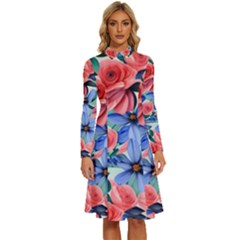 Classy Watercolor Flowers Long Sleeve Shirt Collar A-line Dress by GardenOfOphir