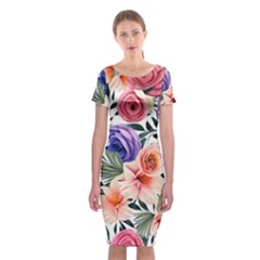 Country-chic Watercolor Flowers Classic Short Sleeve Midi Dress by GardenOfOphir