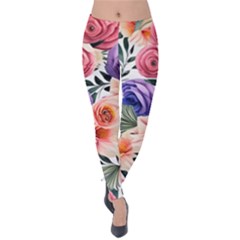 Country-chic Watercolor Flowers Velvet Leggings by GardenOfOphir