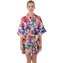 Country-chic Watercolor Flowers Half Sleeve Satin Kimono  by GardenOfOphir