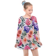 Country-chic Watercolor Flowers Kids  Long Sleeve Dress by GardenOfOphir