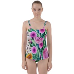 Cheerful And Captivating Watercolor Flowers Twist Front Tankini Set by GardenOfOphir