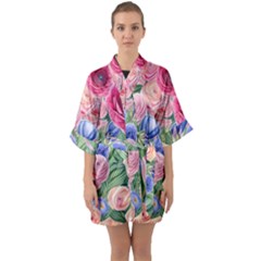 Cheerful Watercolor Flowers Half Sleeve Satin Kimono  by GardenOfOphir