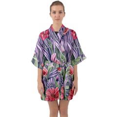 Charming Watercolor Flowers Half Sleeve Satin Kimono  by GardenOfOphir