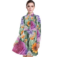 Captivating Watercolor Flowers Long Sleeve Chiffon Shirt Dress by GardenOfOphir