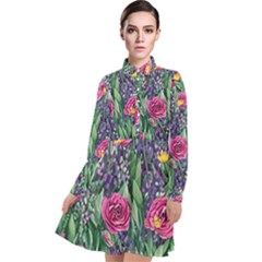 Dazzling Watercolor Flowers And Foliage Long Sleeve Chiffon Shirt Dress by GardenOfOphir