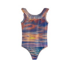 Serene Sunset Over Beach Kids  Frill Swimsuit by GardenOfOphir