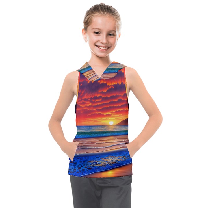 Sunset Over The Ocean Kids  Sleeveless Hoodie