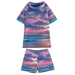 Sunset Over The Beach Kids  Swim Tee And Shorts Set by GardenOfOphir