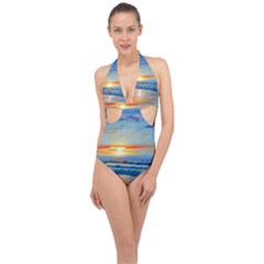 Reflecting On A Perfect Day Halter Front Plunge Swimsuit by GardenOfOphir