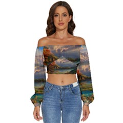 Summer Sunset Long Sleeve Crinkled Weave Crop Top by GardenOfOphir