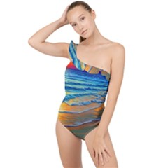 Modern Sunset Over The Ocean Frilly One Shoulder Swimsuit by GardenOfOphir