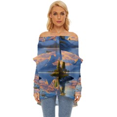 Beautiful Sunset Off Shoulder Chiffon Pocket Shirt by GardenOfOphir